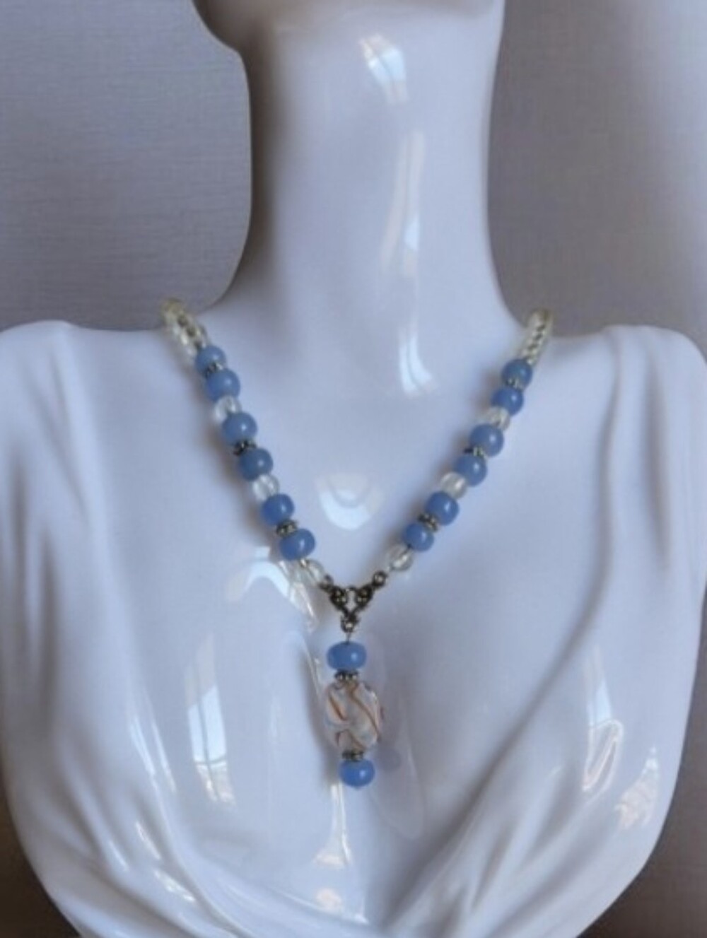 Vtg. Hand Crafted Czech Glass Clear & Blue Beaded Pendant Necklace